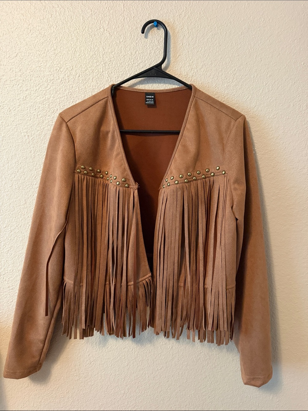SHEIN Tan Fringe Suede-Style Open Front Jacket